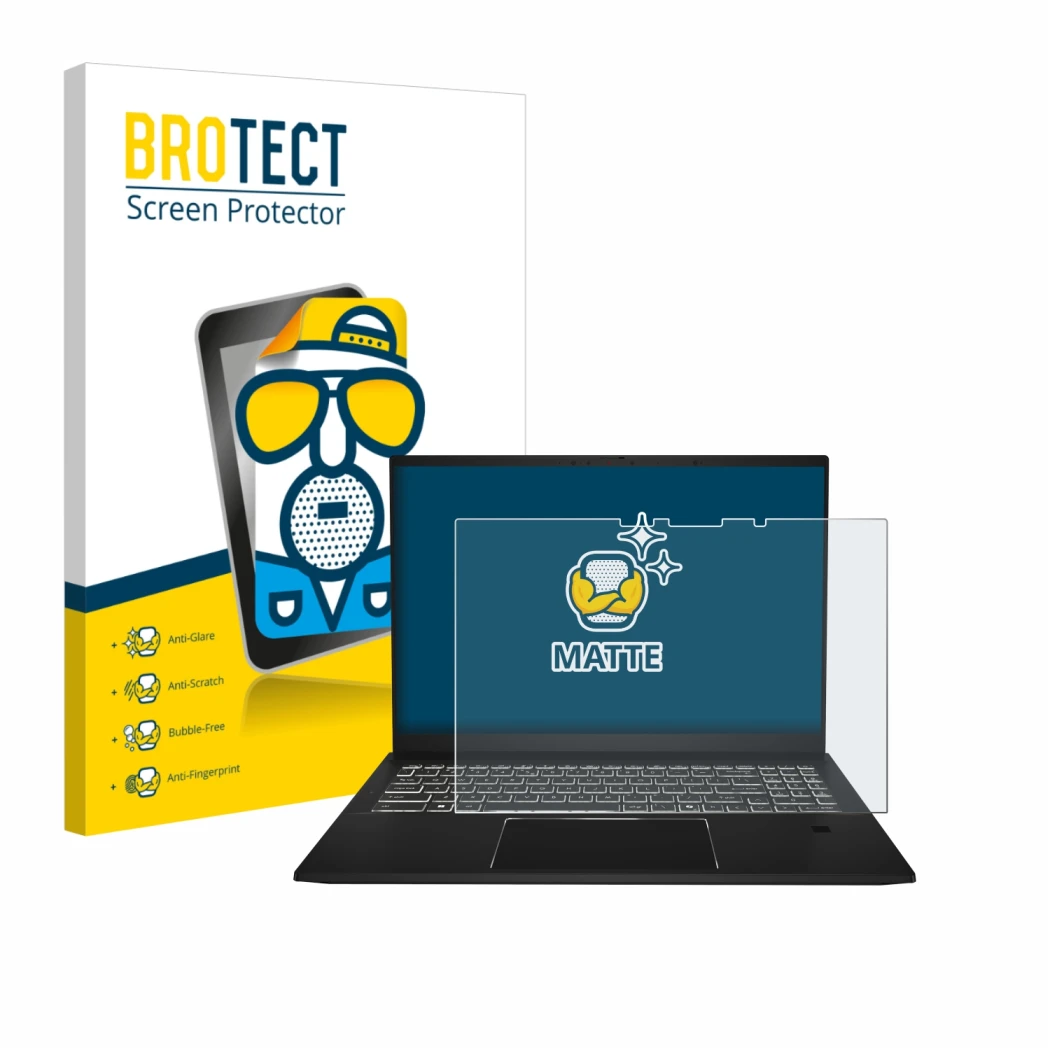Front side of a product packaging with the brand logo BROTECT. Next to it is the device MSI Summit A16 AI+ shown with the corr