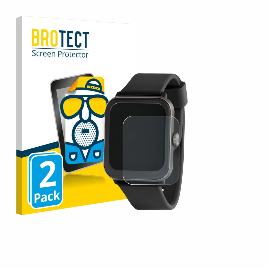 Front side of a product packaging with the brand logo BROTECT. Next to it is the device Sector Smartwatch S-08 shown with the