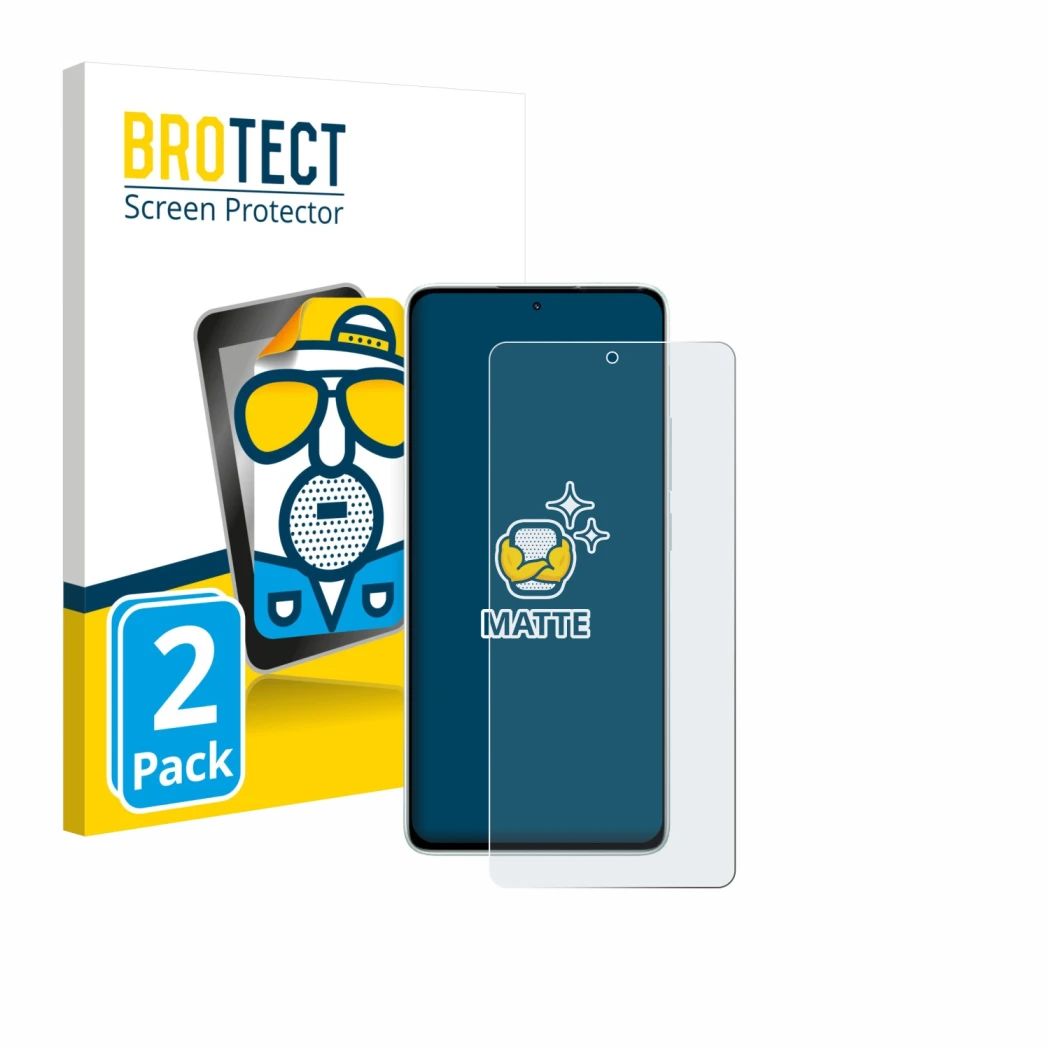 Front side of a product packaging with the brand logo BROTECT. Next to it is the device Xiaomi Redmi Note 14 5G shown with the