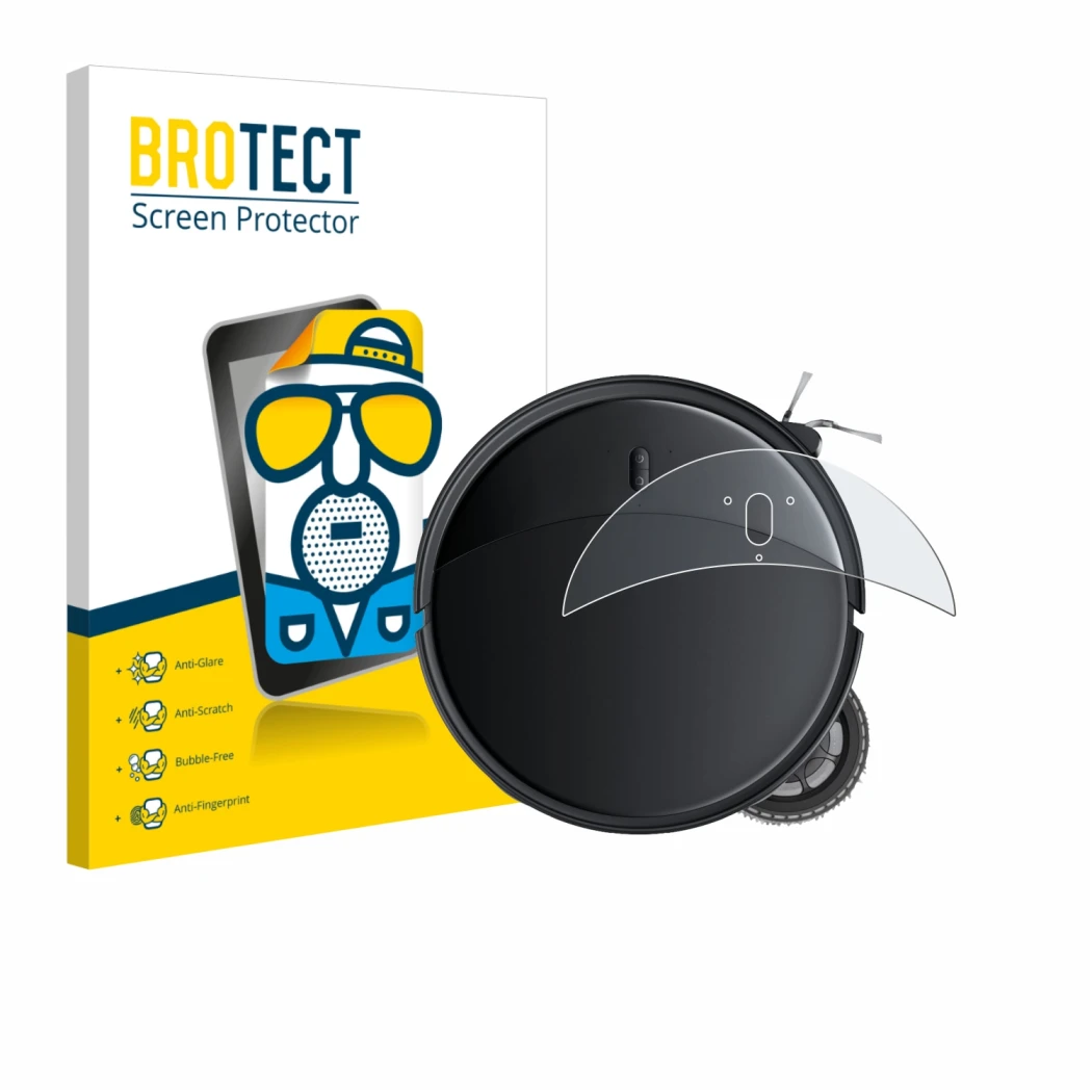 Front side of a product packaging with the brand logo BROTECT. Next to it is the device Roborock Saros 10R shown with the corr