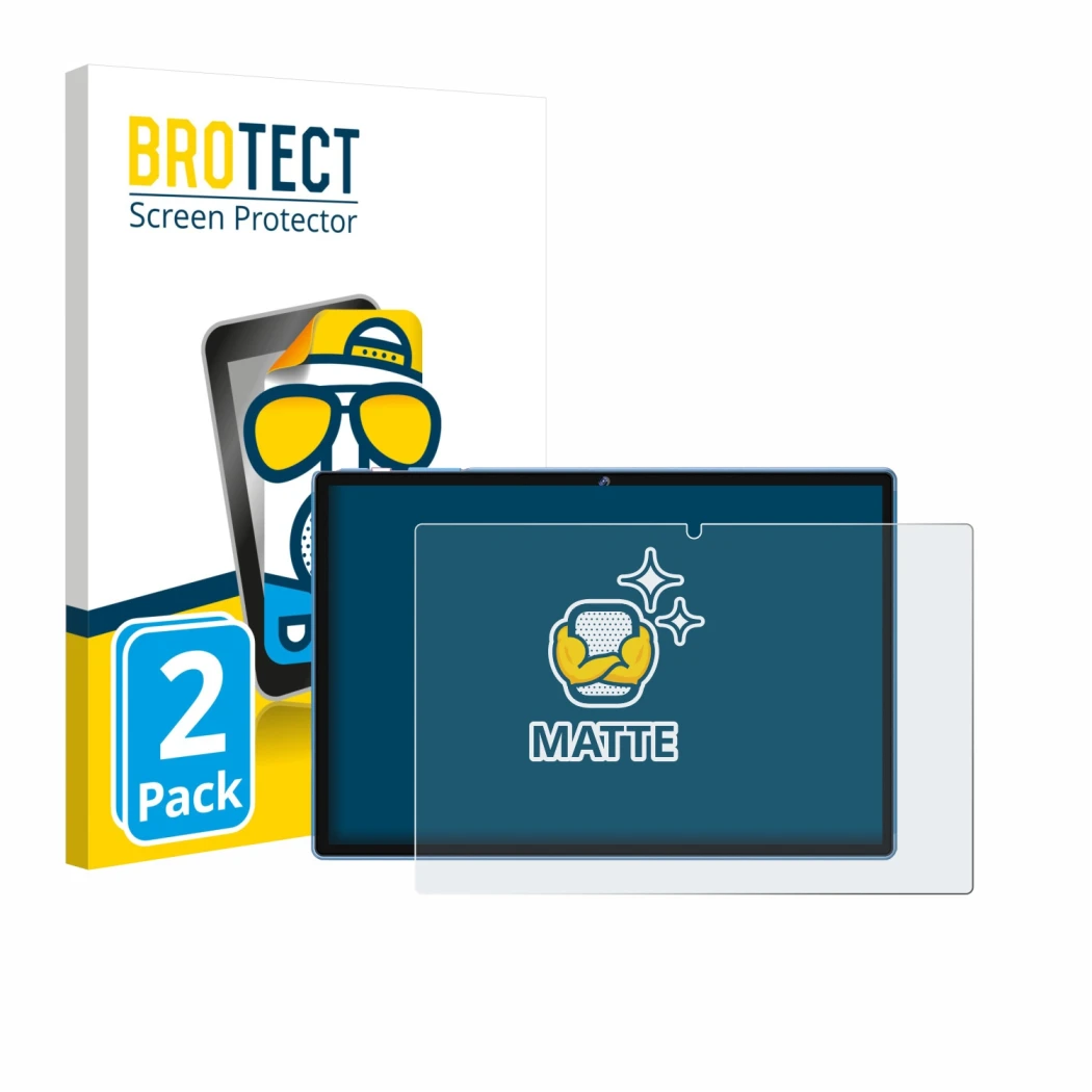 Front side of a product packaging with the brand logo BROTECT. Next to it is the device Biegedy B25 10.1