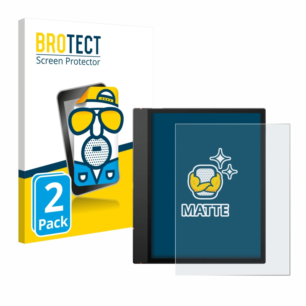 Front side of a product packaging with the brand logo BROTECT. Next to it is the device Boox Note Air 5 C shown with the corre