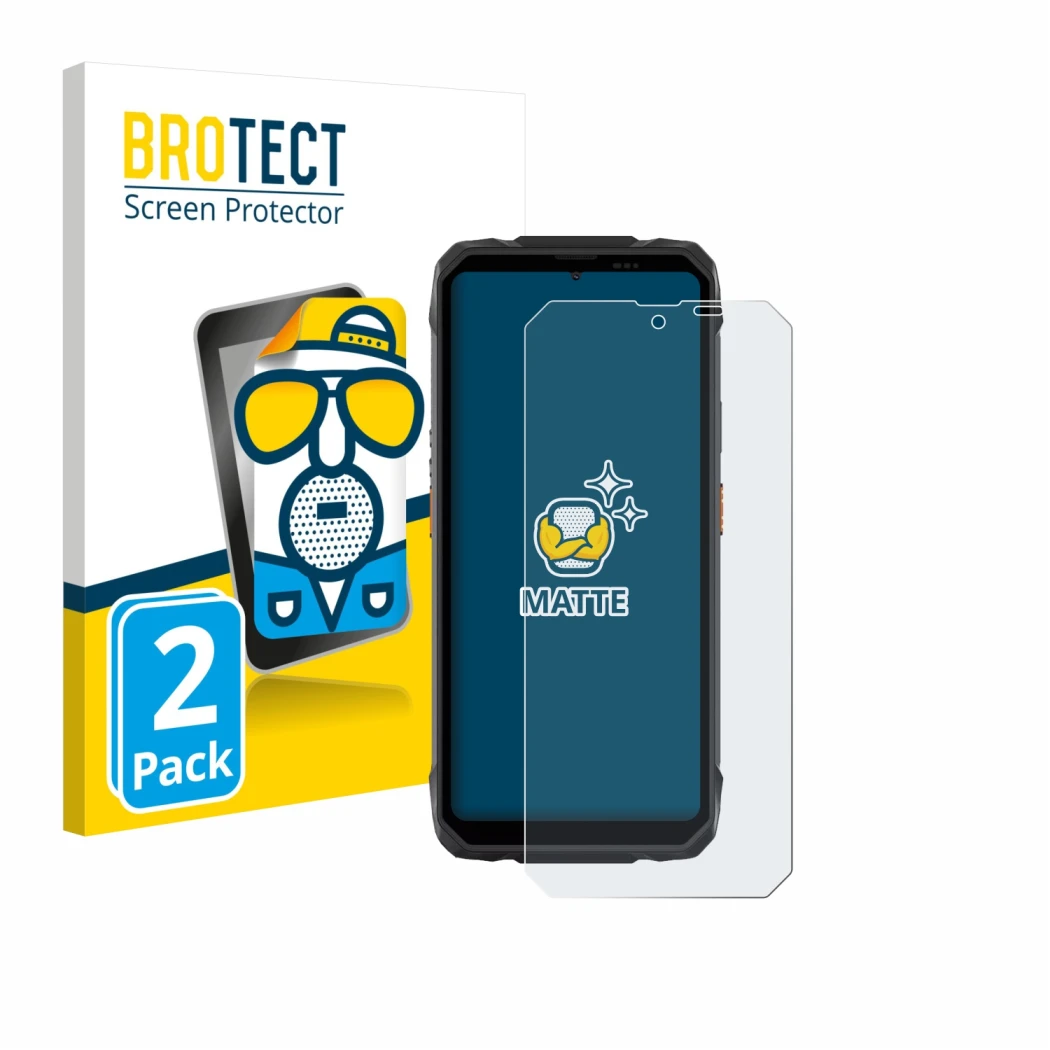 Front side of a product packaging with the brand logo BROTECT. Next to it is the device Blackview Rock 1 shown with the corres