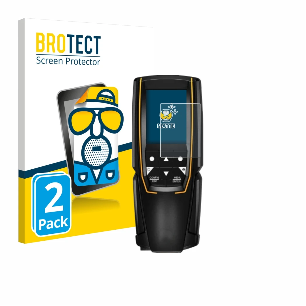 Front side of a product packaging with the brand logo BROTECT. Next to it is the device Testo 310 (2nd Gen.) shown with the co