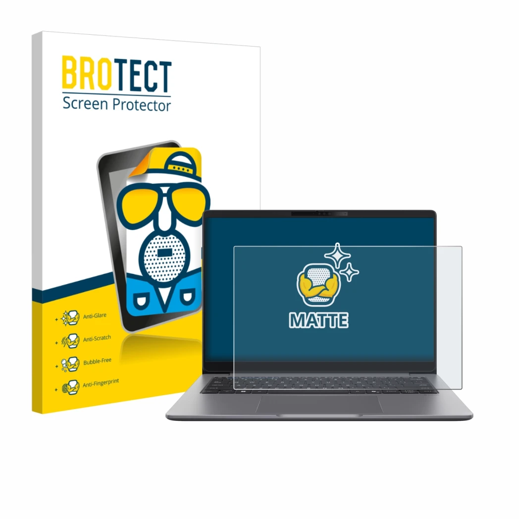 Front side of a product packaging with the brand logo BROTECT. Next to it is the device ASUS ExpertBook P5 G2 shown with the c