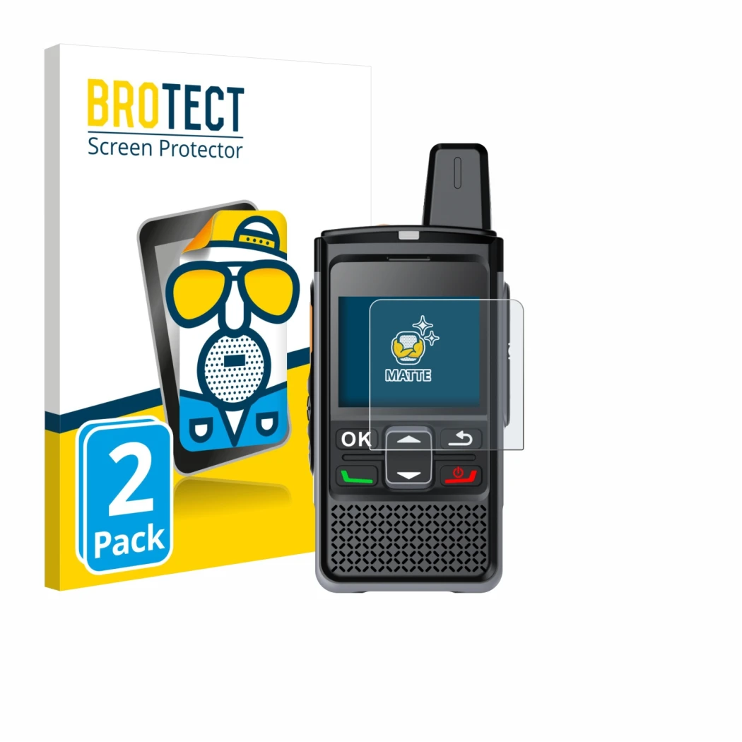 Front side of a product packaging with the brand logo BROTECT. Next to it is the device Hytera PNC360S shown with the correspo