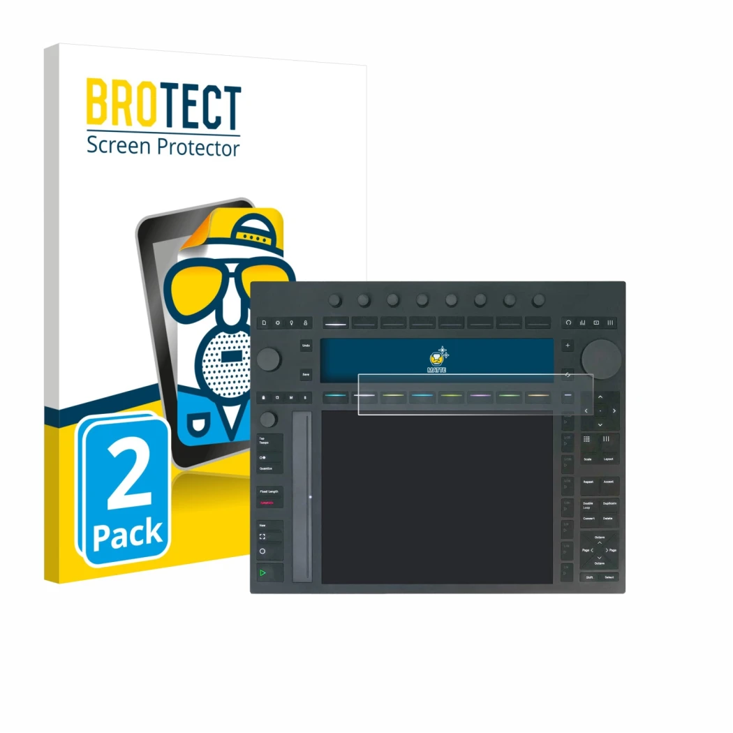 Front side of a product packaging with the brand logo BROTECT. Next to it is the device Ableton Push 3 shown with the correspo