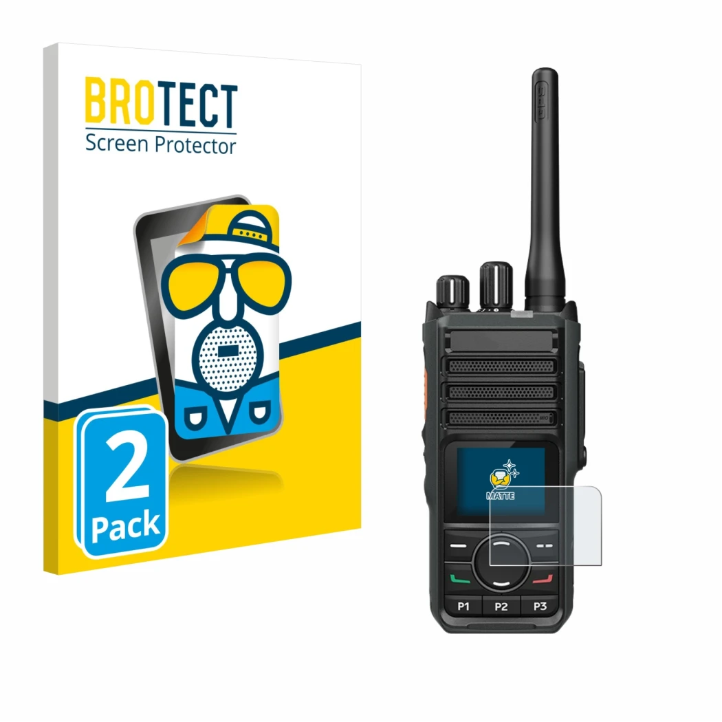 Front side of a product packaging with the brand logo BROTECT. Next to it is the device Hytera HP565 shown with the correspond