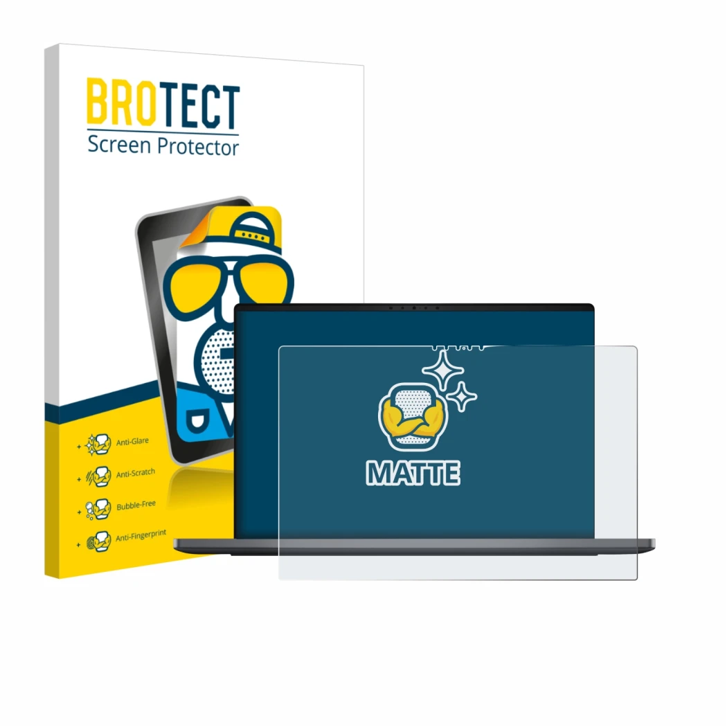 Front side of a product packaging with the brand logo BROTECT. Next to it is the device Dell XPS 14 DA14260 shown with the cor