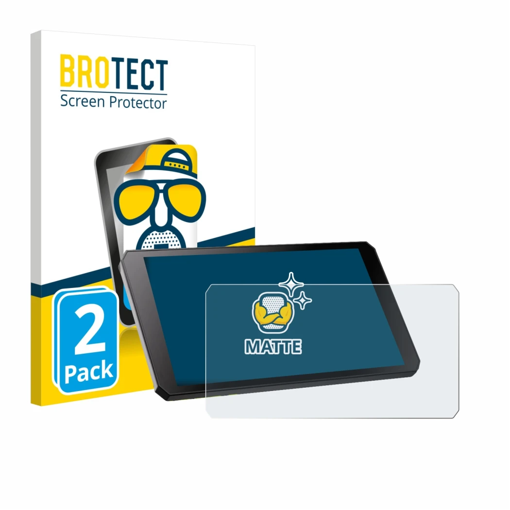 Front side of a product packaging with the brand logo BROTECT. Next to it is the device RiderNav R7M shown with the correspond