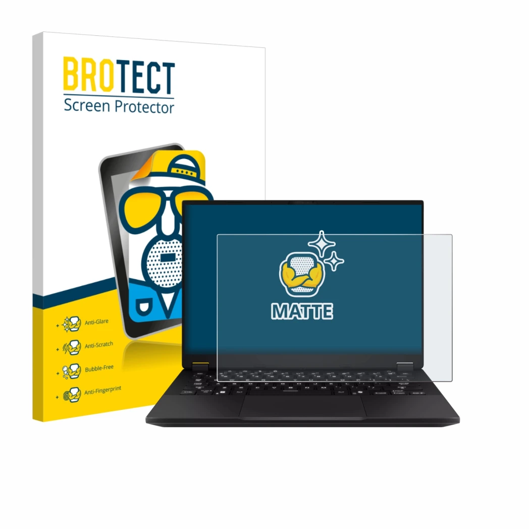 Front side of a product packaging with the brand logo BROTECT. Next to it is the device ASUS TUF Gaming A14 shown with the cor