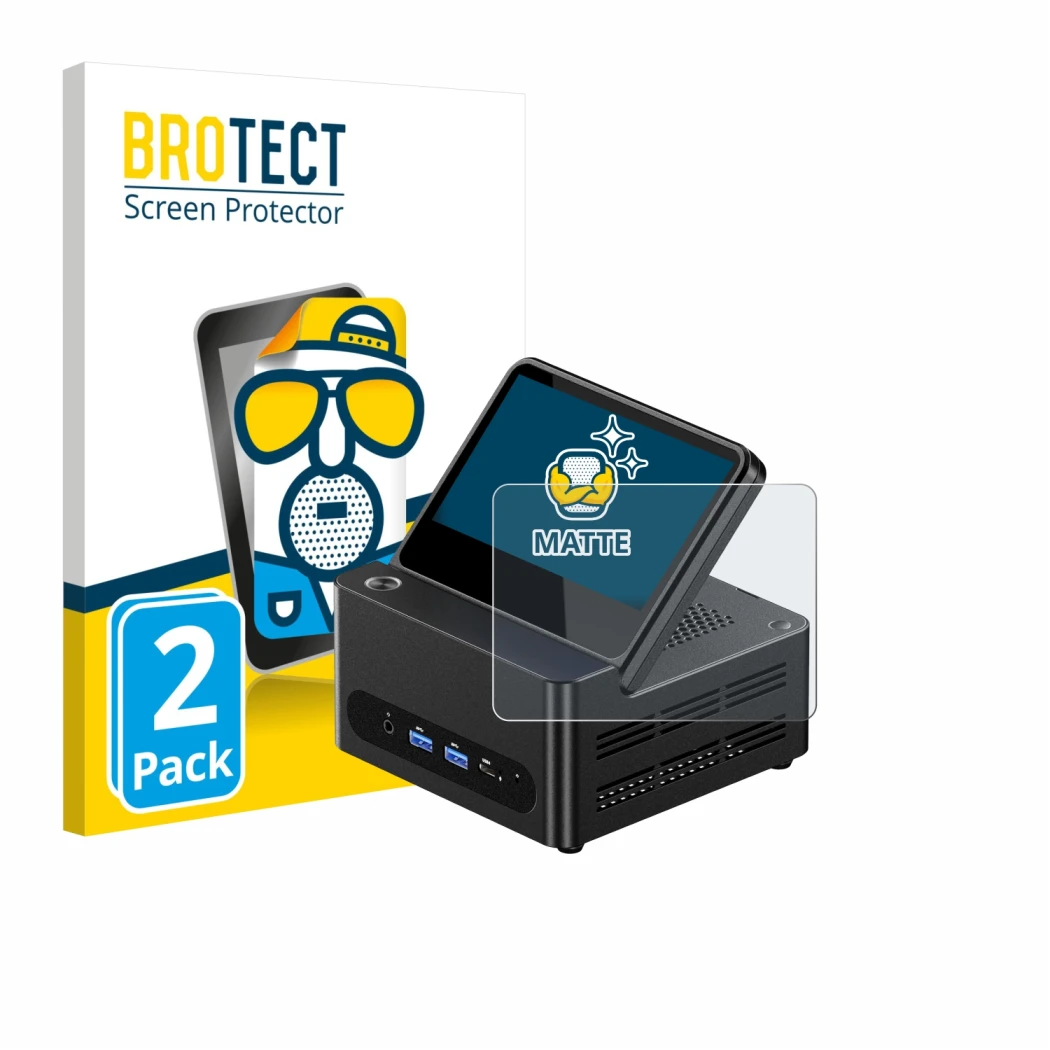 Front side of a product packaging with the brand logo BROTECT. Next to it is the device AOOSTAR ‎G-FLIP H255 shown with the co