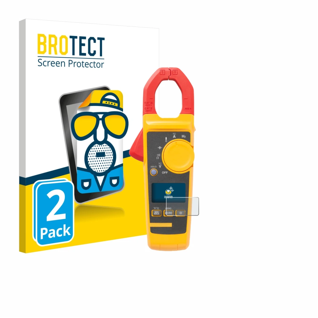 Front side of a product packaging with the brand logo BROTECT. Next to it is the device Fluke 325 shown with the corresponding