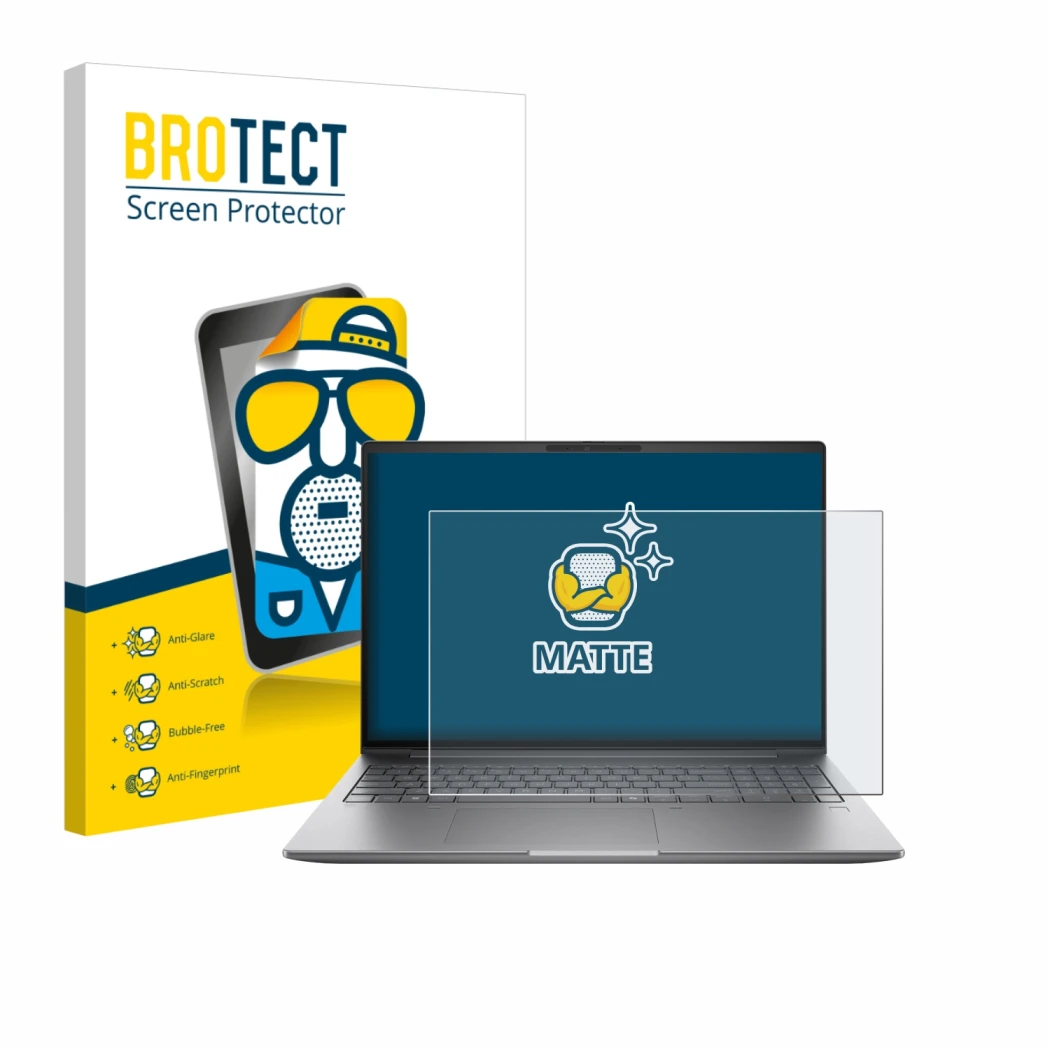 Front side of a product packaging with the brand logo BROTECT. Next to it is the device HP Zbook X G1i 16