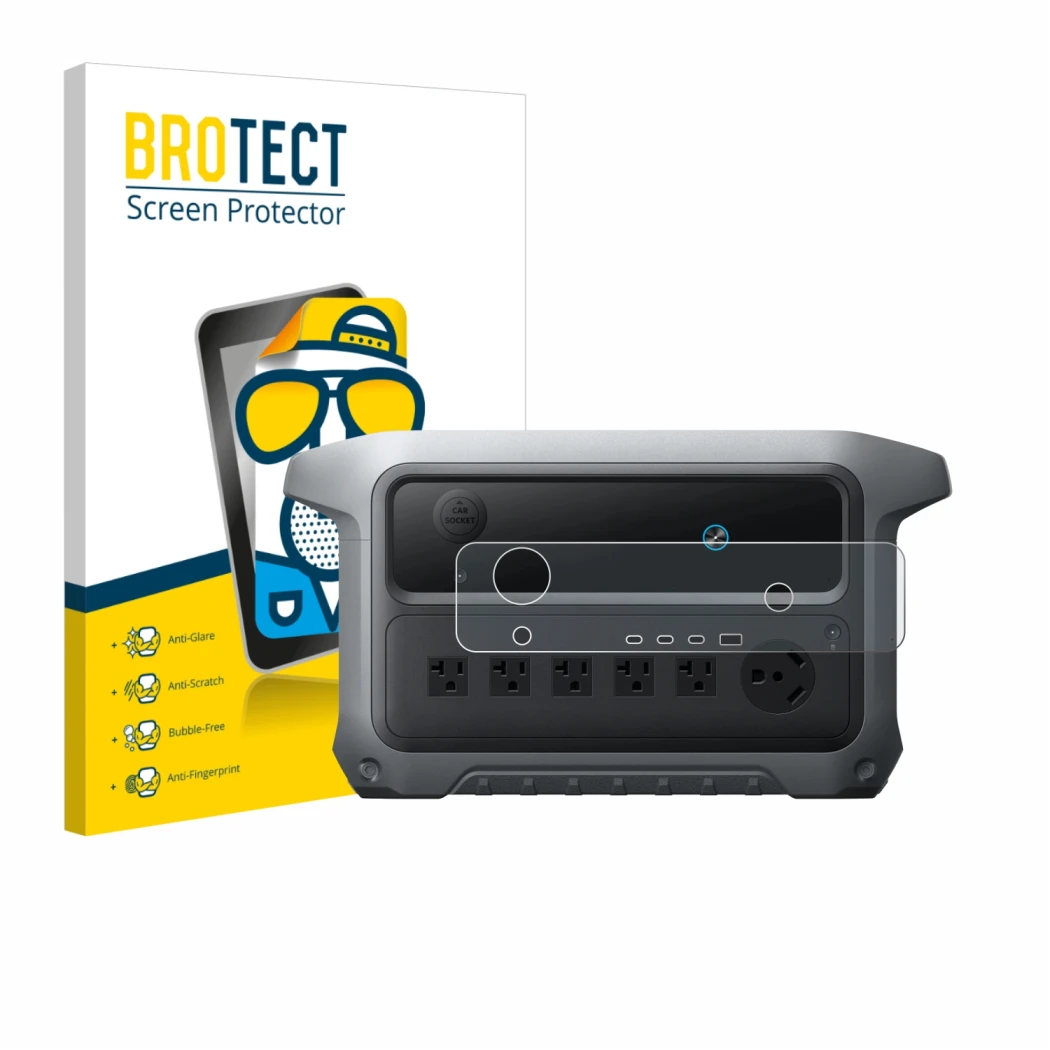 Front side of a product packaging with the brand logo BROTECT. Next to it is the device Anker SOLIX C2000 Gen 2 shown with the
