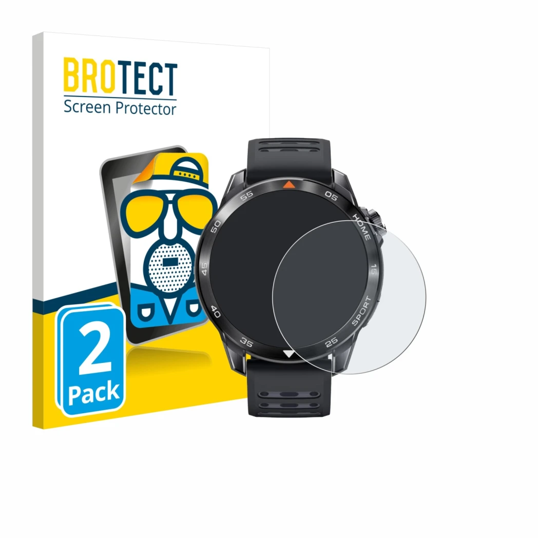 Front side of a product packaging with the brand logo BROTECT. Next to it is the device Xiaomi Mibro GS Pro 2 shown with the c