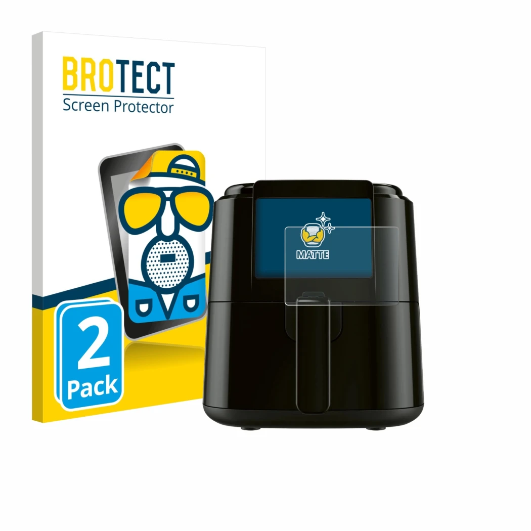 Front side of a product packaging with the brand logo BROTECT. Next to it is the device SilverCrest SHFD 1400 C1 shown with th