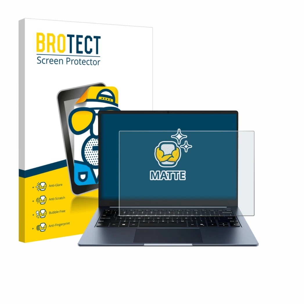 Front side of a product packaging with the brand logo BROTECT. Next to it is the device Chuwi CoreBook Air 14
