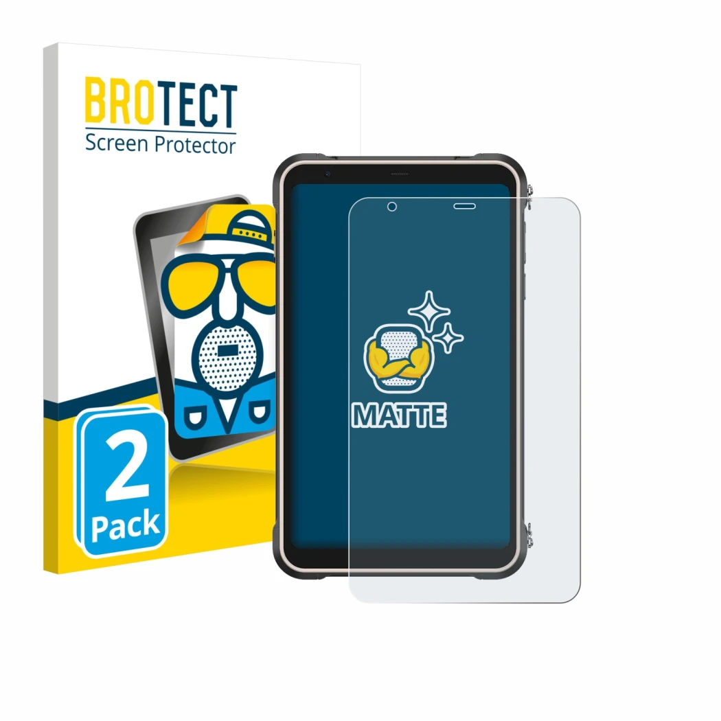 Front side of a product packaging with the brand logo BROTECT. Next to it is the device Ulefone RugKing Pad Pro shown with the