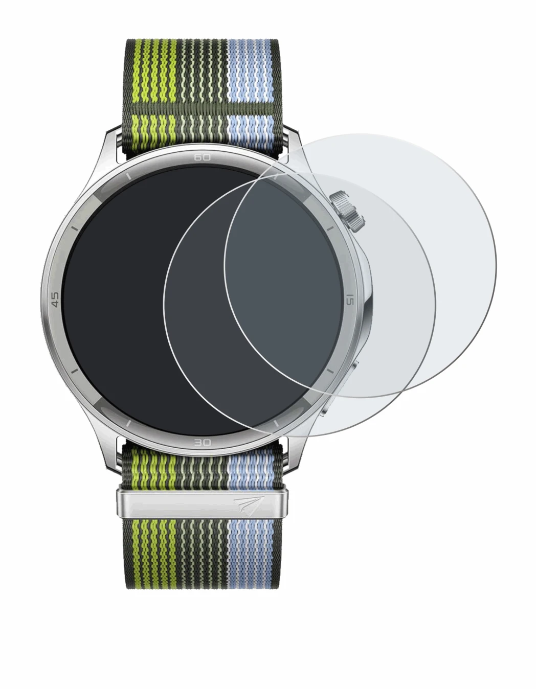Image of the device Oppo Watch S with a wide variety of screen protectors.