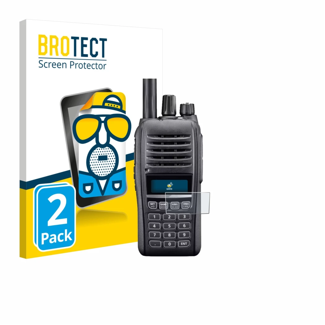 Front side of a product packaging with the brand logo BROTECT. Next to it is the device Icom IC-T10 shown with the correspondi
