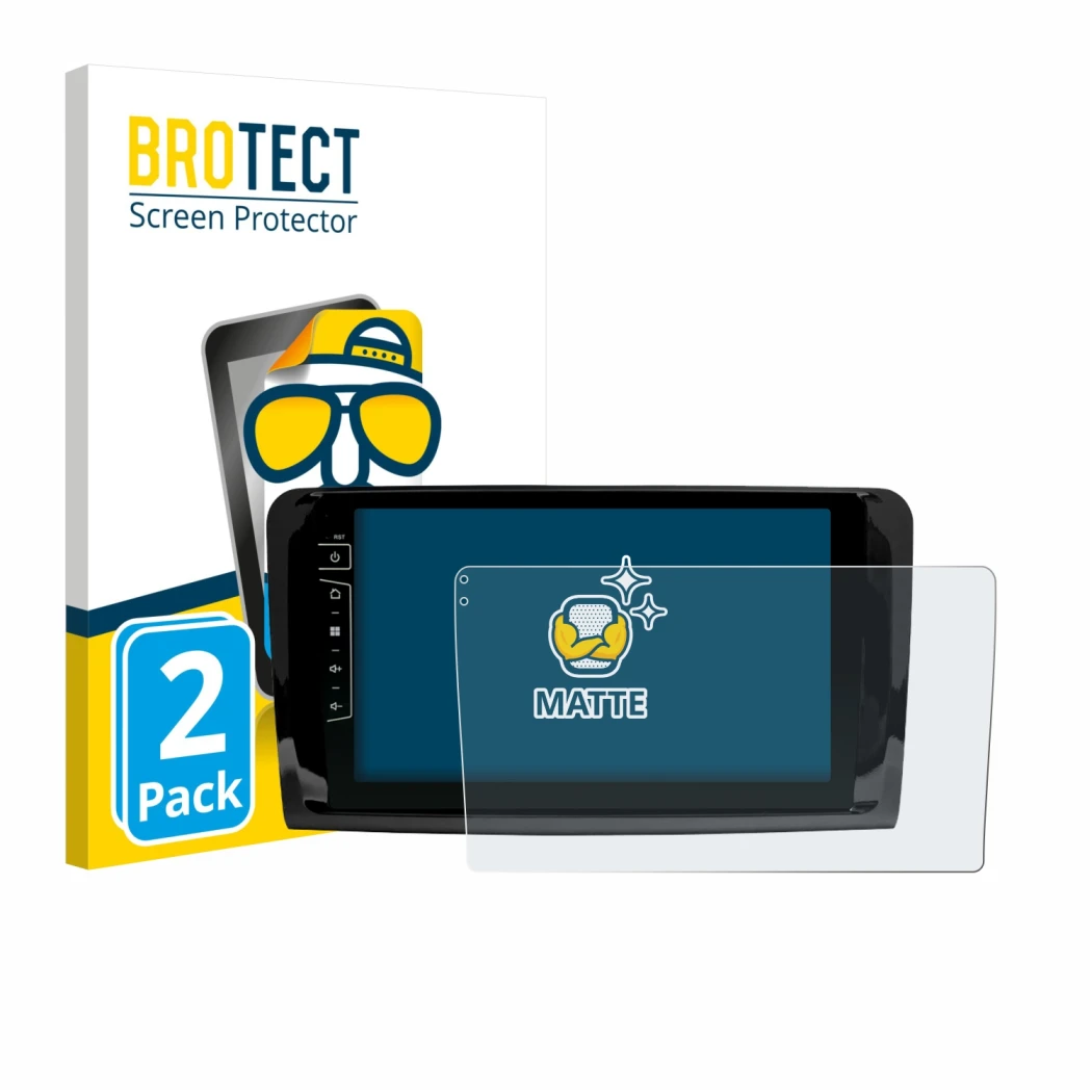Front side of a product packaging with the brand logo BROTECT. Next to it is the device Dynavin D9-DF432 9