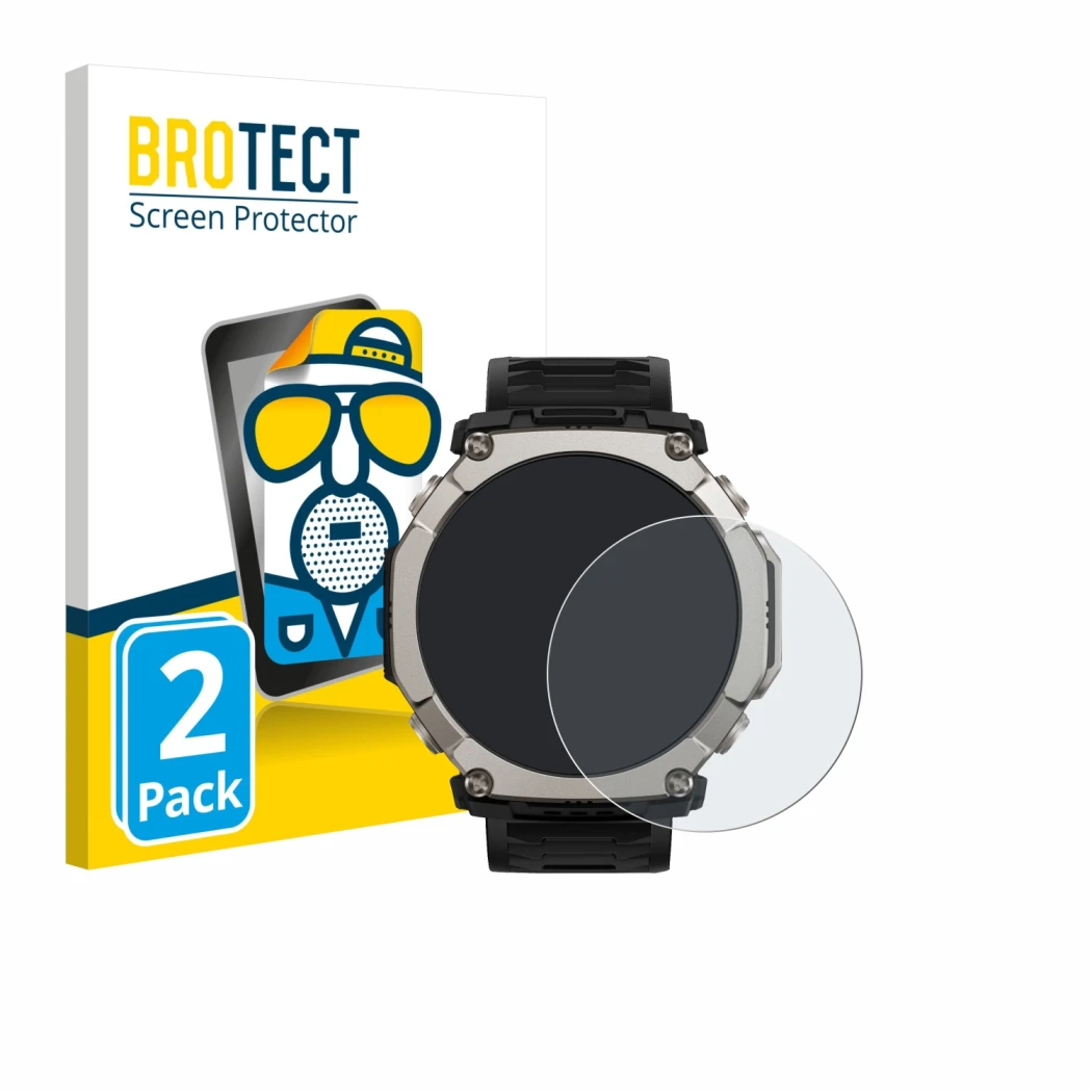 Front side of a product packaging with the brand logo BROTECT. Next to it is the device Huami Amazfit T-Rex Ultra 2 shown with