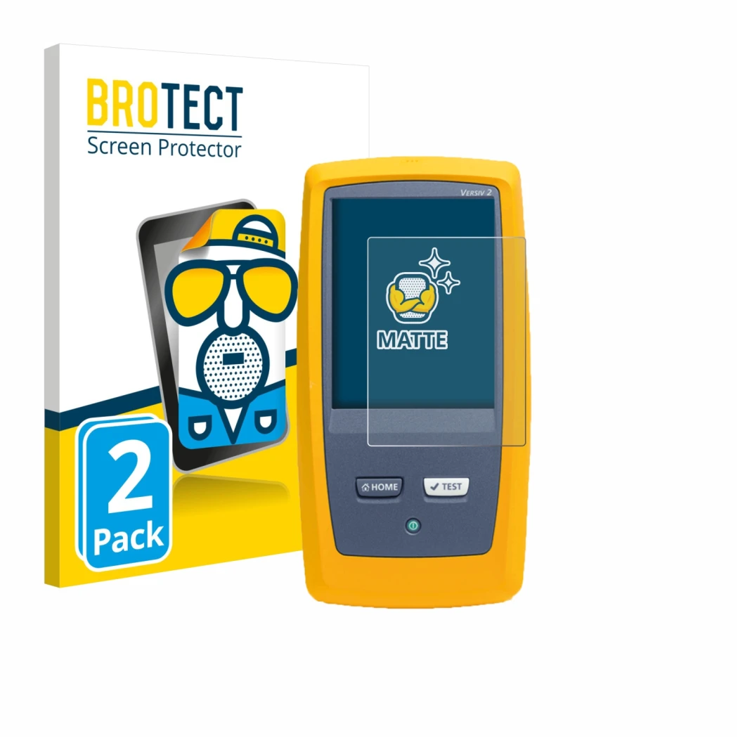 Front side of a product packaging with the brand logo BROTECT. Next to it is the device Fluke DSX8000 shown with the correspon