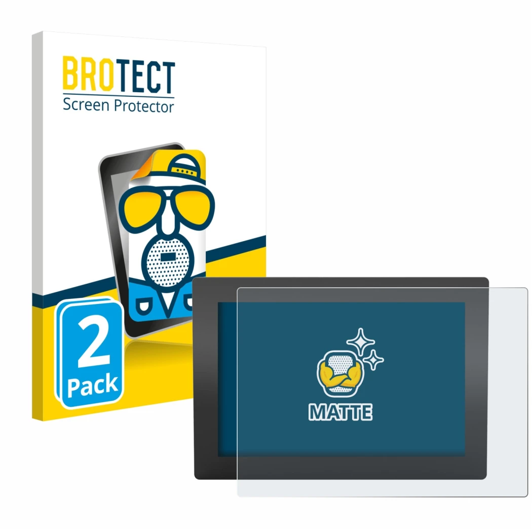 Front side of a product packaging with the brand logo BROTECT. Next to it is the device WAGO Web Panel 400 shown with the corr