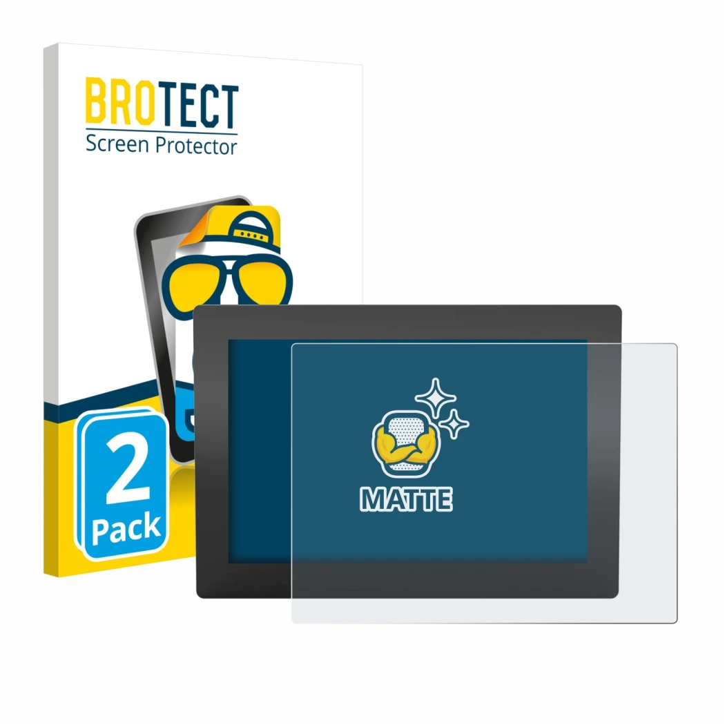 Front side of a product packaging with the brand logo BROTECT. Next to it is the device WAGO Web Panel 400 762-3404 shown with