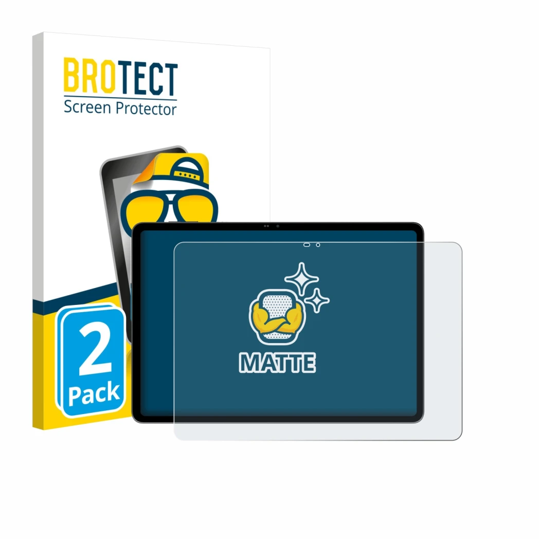 Front side of a product packaging with the brand logo BROTECT. Next to it is the device Blackview MEGA 12 shown with the corre