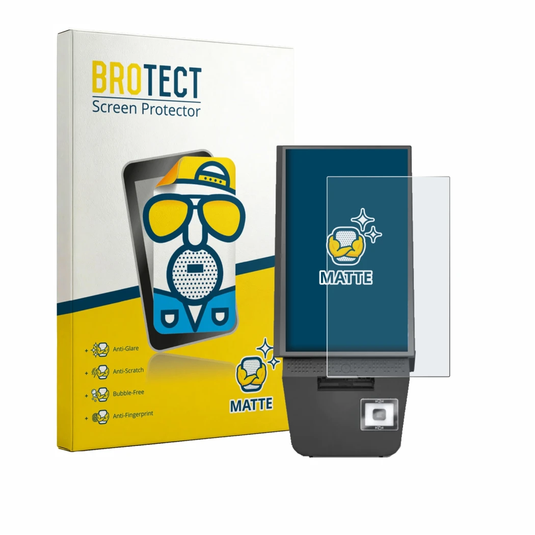 Front side of a product packaging with the brand logo BROTECT. Next to it is the device Pyramid Computer POLYTOUCH® PIXI 15.6 