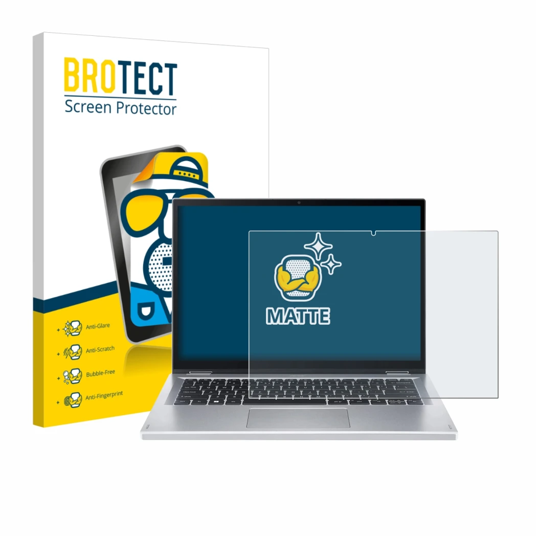 Front side of a product packaging with the brand logo BROTECT. Next to it is the device Acer Aspire Go Spin 14 shown with the 