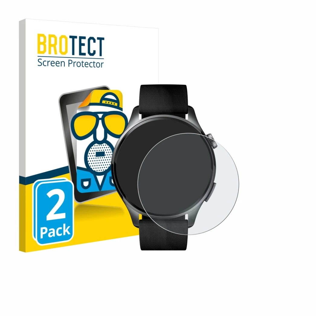 Front side of a product packaging with the brand logo BROTECT. Next to it is the device Xiaomi Watch 5 (47 mm) shown with the 