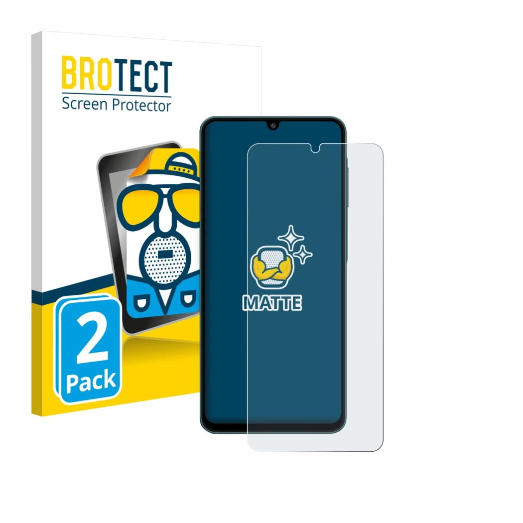 Front side of a product packaging with the brand logo BROTECT. Next to it is the device Samsung Galaxy F07 shown with the corr