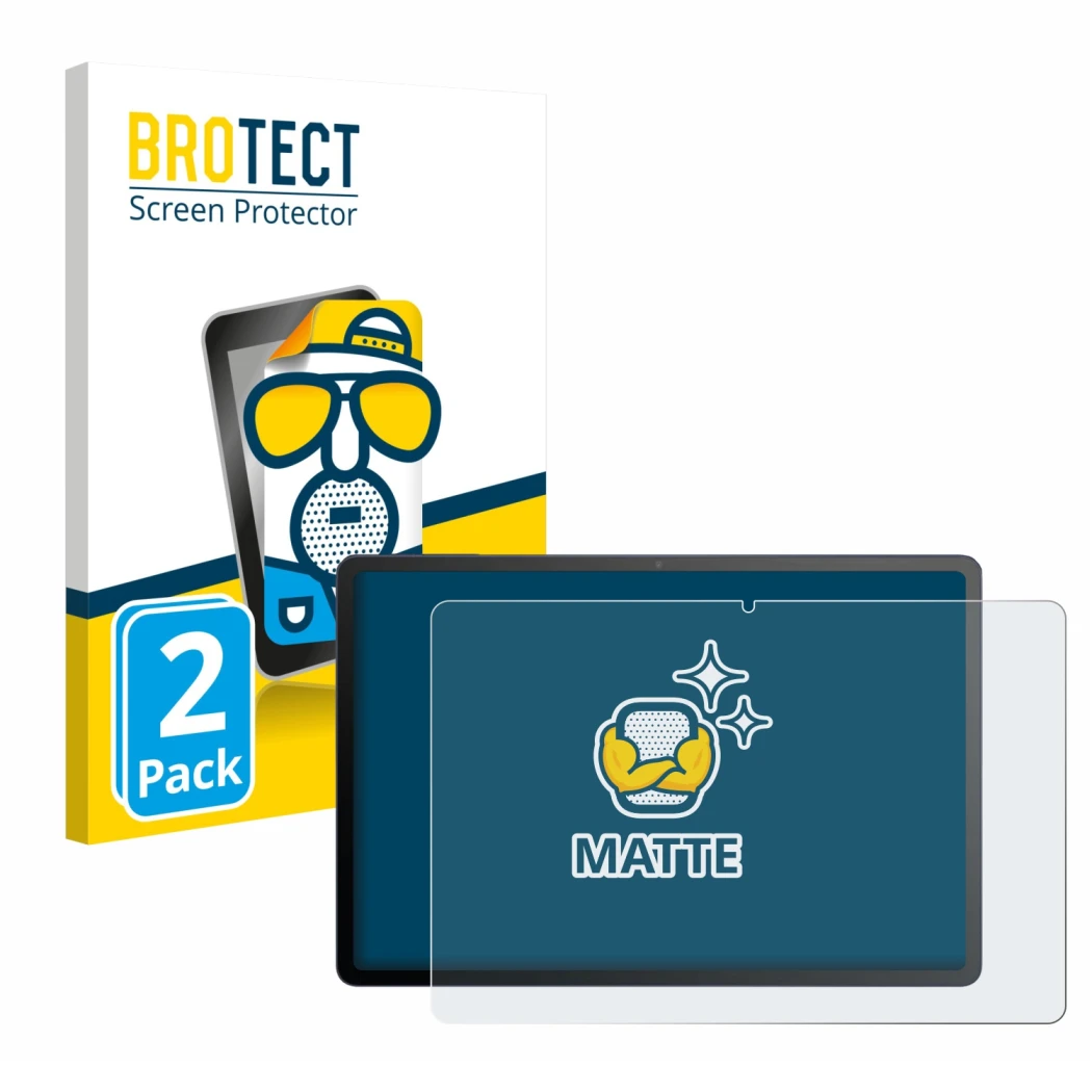 Front side of a product packaging with the brand logo BROTECT. Next to it is the device TCL Tab A1 Plus shown with the corresp