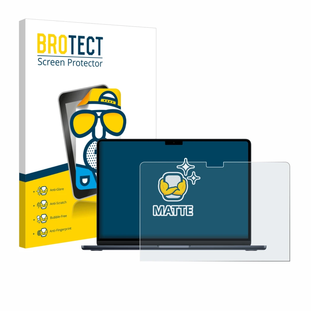 Front side of a product packaging with the brand logo BROTECT. Next to it is the device Apple MacBook Air 13