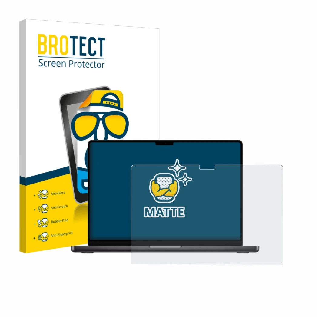 Front side of a product packaging with the brand logo BROTECT. Next to it is the device Apple MacBook Pro 16