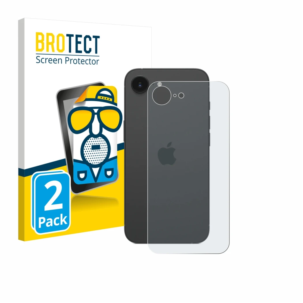 Front side of a product packaging with the brand logo BROTECT. Next to it is the device Apple iPhone 17e (Back) shown with the