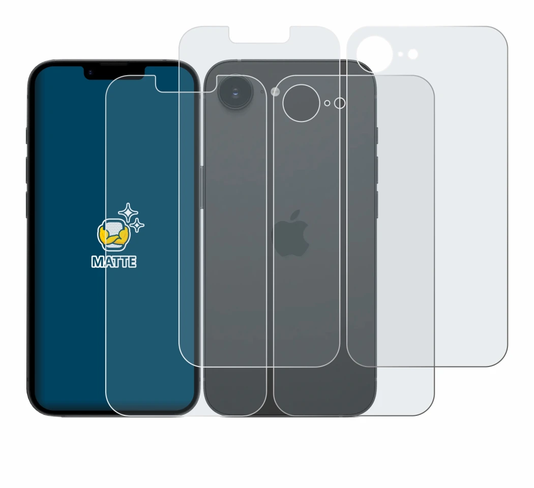Image of the device Apple iPhone 17e (Front+Back) with a wide variety of screen protectors.