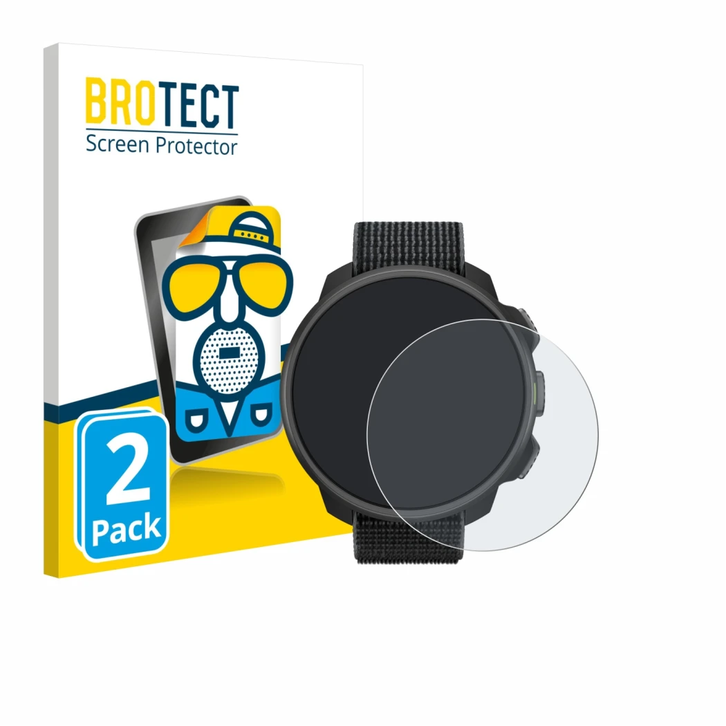 Front side of a product packaging with the brand logo BROTECT. Next to it is the device Suunto Nautic S shown with the corresp