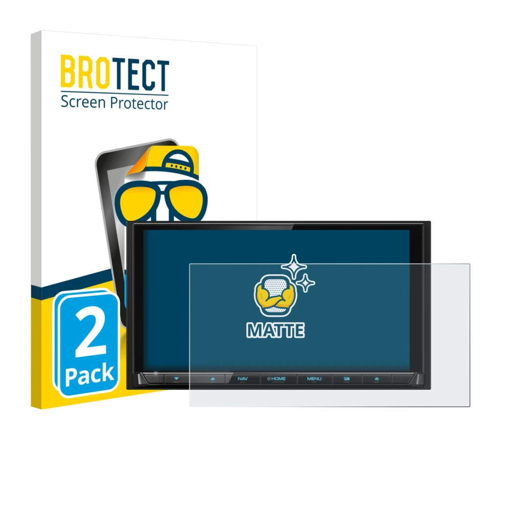 Front side of a product packaging with the brand logo BROTECT. Next to it is the device Kenwood DNX9190DABS shown with the cor