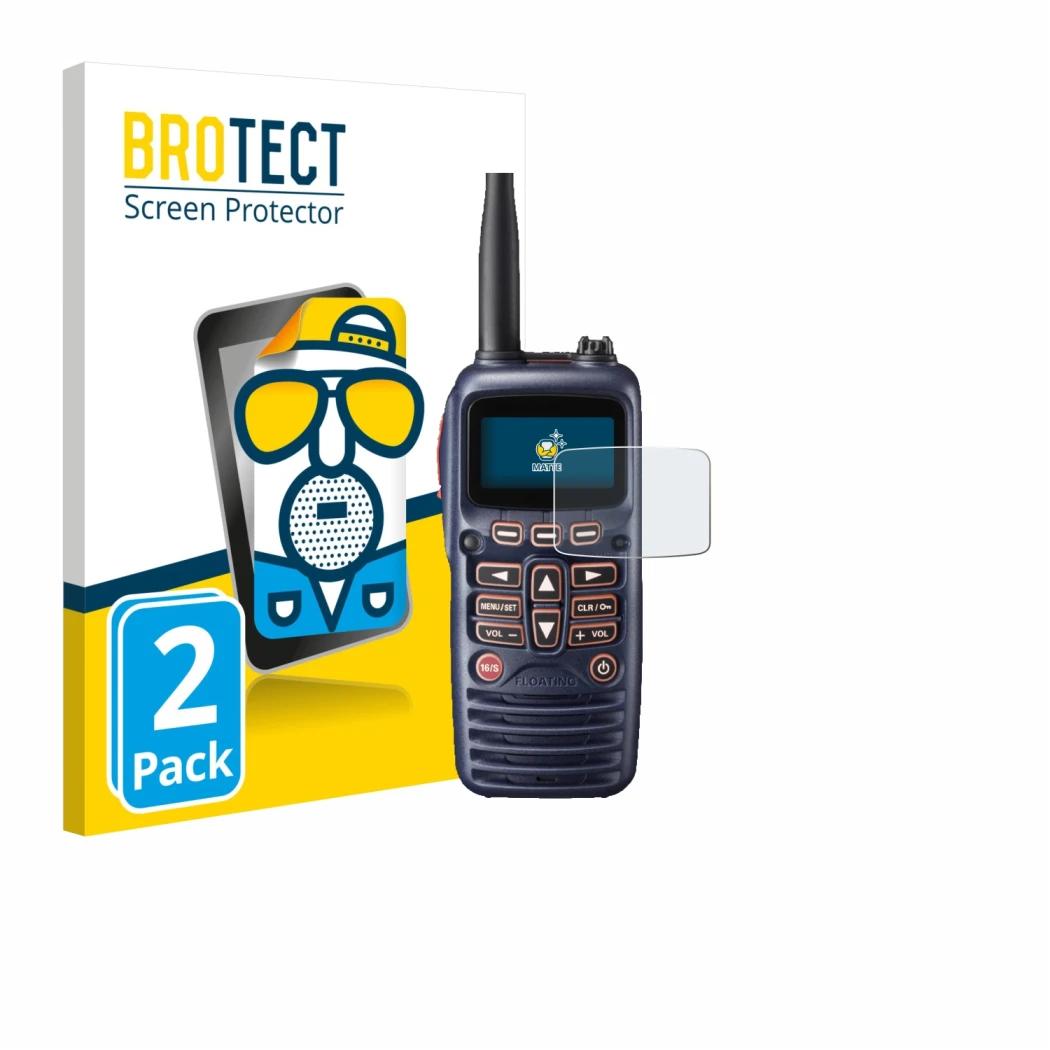 Front side of a product packaging with the brand logo BROTECT. Next to it is the device Standard Horizon HX320E shown with the
