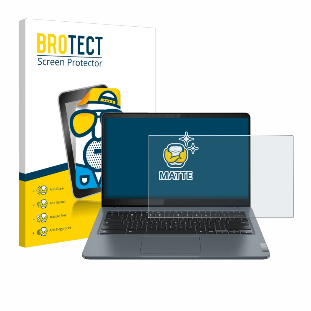 Front side of a product packaging with the brand logo BROTECT. Next to it is the device Lenovo IdeaPad Slim 3i Chromebook Plus