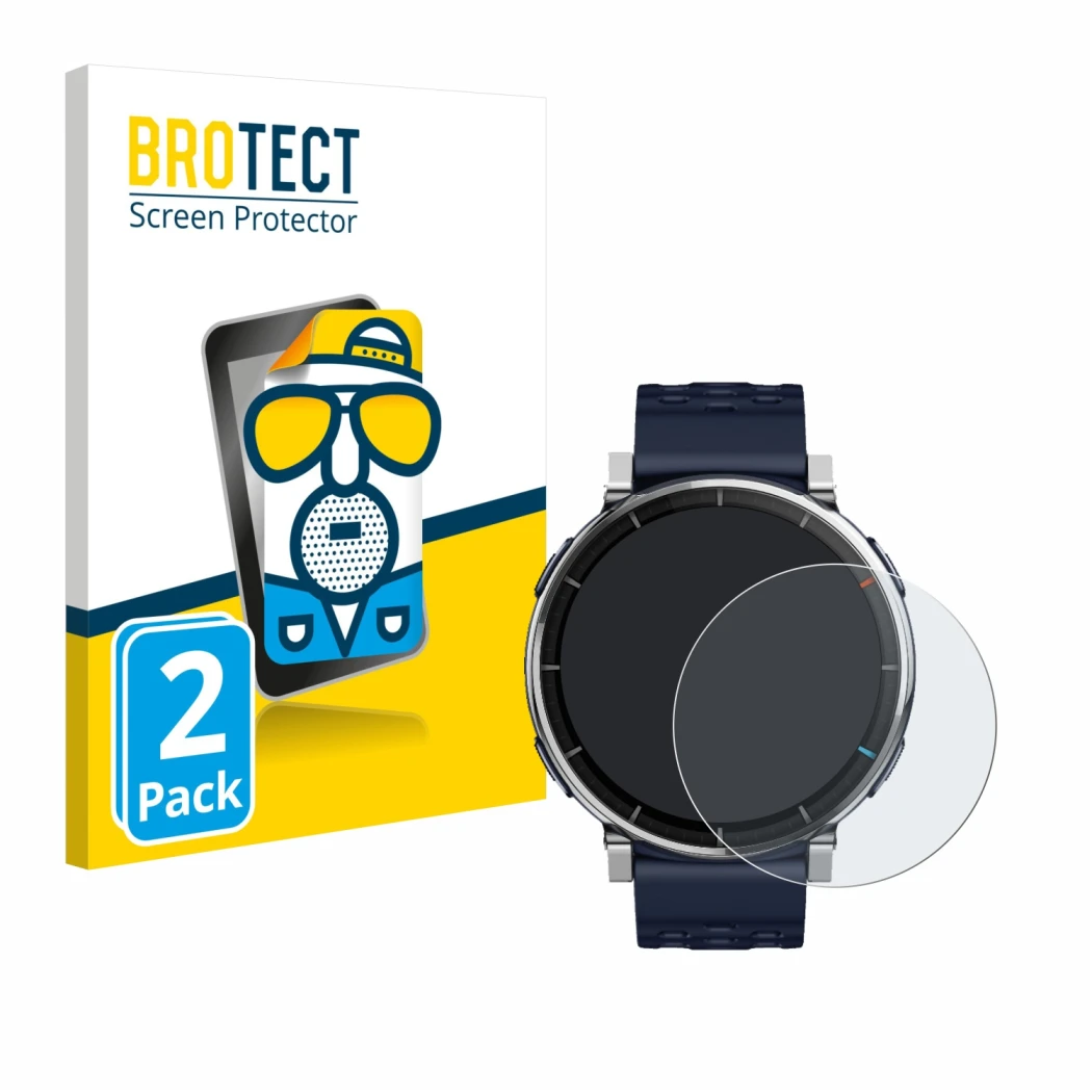 Front side of a product packaging with the brand logo BROTECT. Next to it is the device Amazfit Active 3 Premium shown with th