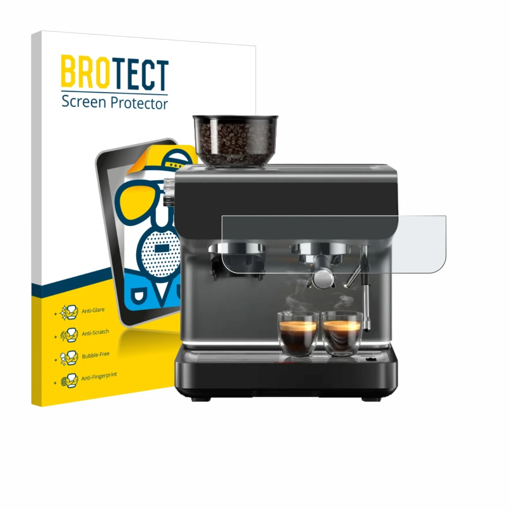 Front side of a product packaging with the brand logo BROTECT. Next to it is the device WMF Espresso Pro shown with the corres