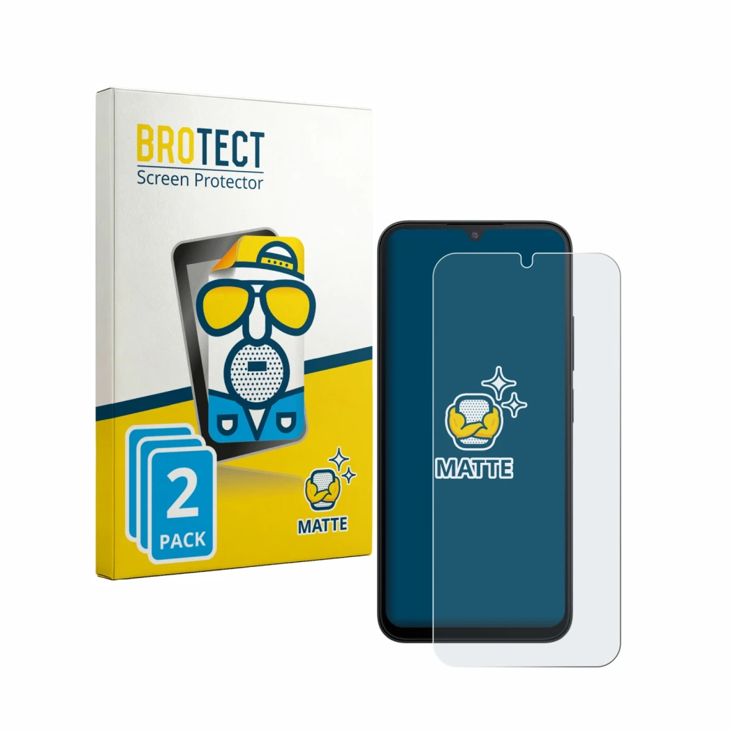 Front side of a product packaging with the brand logo BROTECT. Next to it is the device Xiaomi Redmi A7 Pro shown with the cor