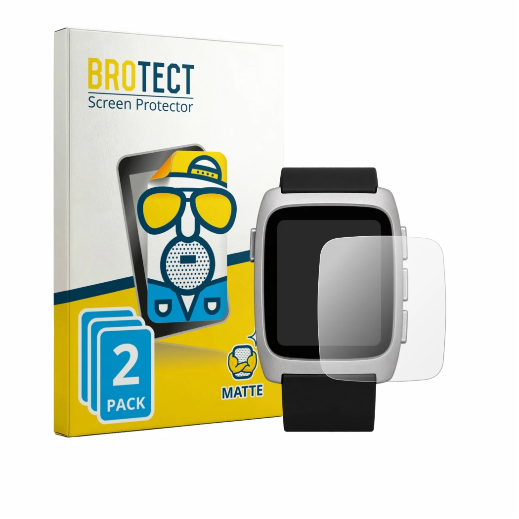 Front side of a product packaging with the brand logo BROTECT. Next to it is the device Pebble Time 2 2026 shown with the corr