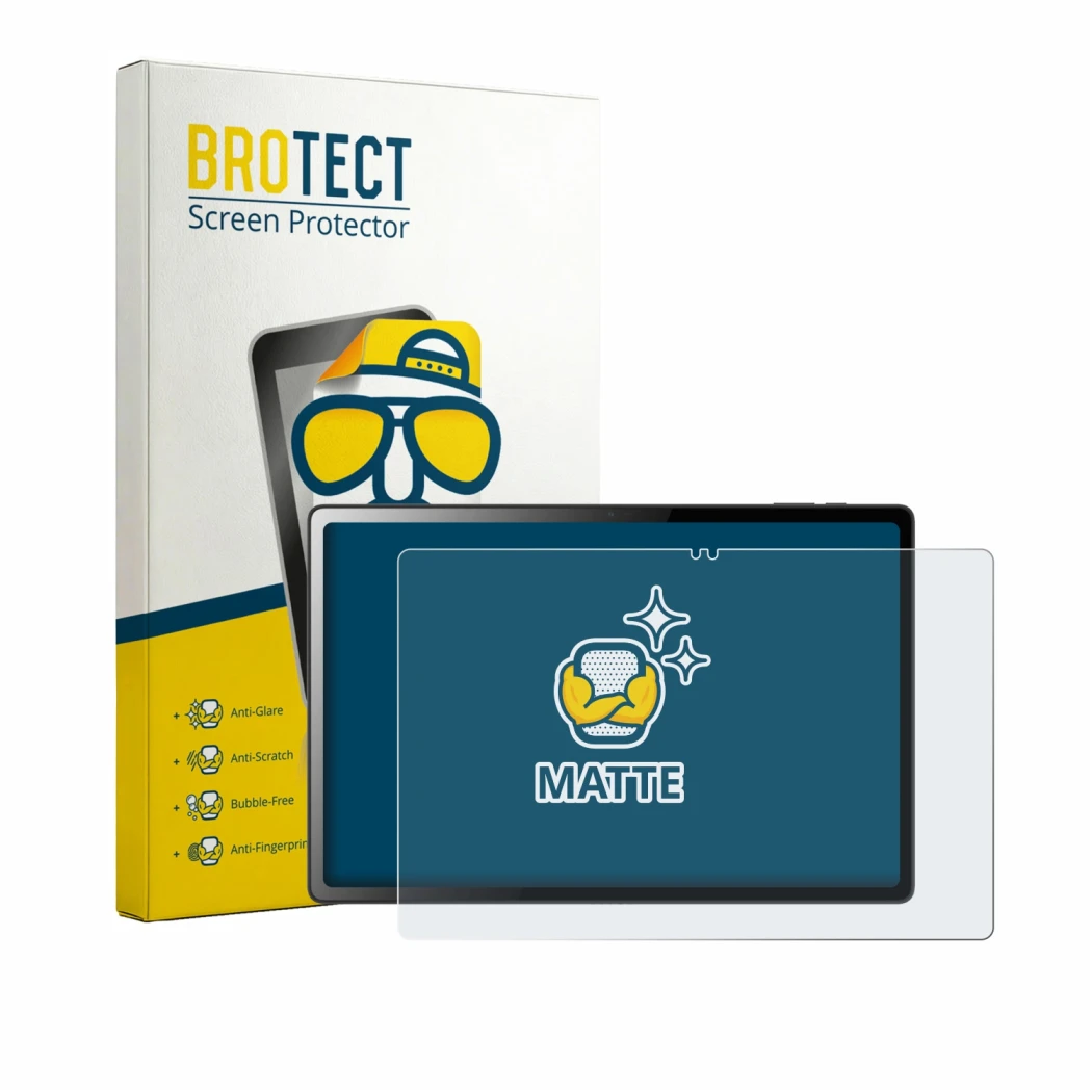 Front side of a product packaging with the brand logo BROTECT. Next to it is the device Logicom Tab XL 14 shown with the corre