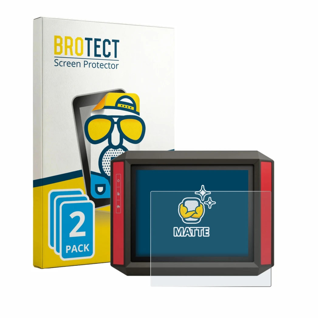 Front side of a product packaging with the brand logo BROTECT. Next to it is the device Müller Elektronik TRACK‑Guide III show